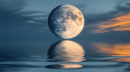 Gibbous moon reflected in calm water at sunset.