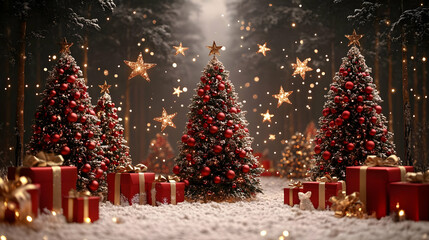 Obraz premium Enchanted Winter Forest: Christmas Trees, Gifts, and Festive Lights