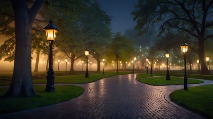 Foggy Night Park Path Lit By Many Lamps