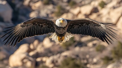 Obraz premium Majestic bald eagle in flight, wings outstretched, approaching camera over rocky terrain.