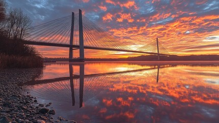 Obraz premium Vibrant sunrise paints the sky and river with fiery hues, reflecting perfectly on a cable-stayed bridge.