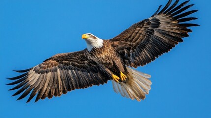Obraz premium Majestic bald eagle in flight against a clear blue sky, wings outstretched.