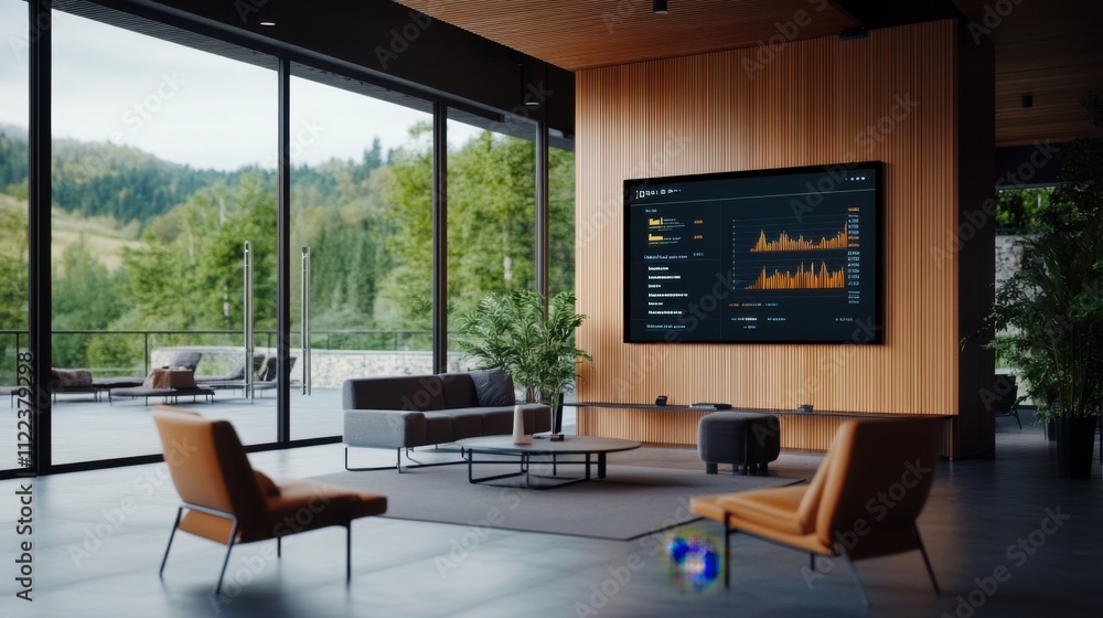 Poster modern office space featuring large tv screen displaying data analytics with outdoor view and stylis