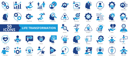 Obraz premium Life transformation icon collection set. Containing change, growth, development, evolution, transition, progress, metamorphosis, adaptation, renewal icon. Simple flat vector illustration.