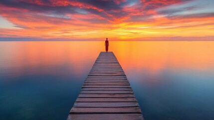 Obraz premium Solitary figure on a wooden pier at vibrant sunrise over calm sea.