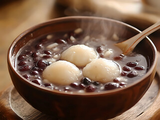 A bowl of soup with three white balls in it