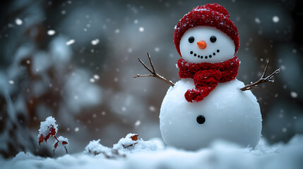 Fototapeta premium A snowman with a red hat and scarf stands in the snow. The snowman is smiling and he is happy. The scene is set in a winter landscape, with the snow covering the ground and trees in the background