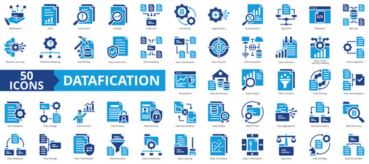 Datafication icon collection set. Containing information, analysis, data collection, processing, digitalization, and quantification icon. Simple flat vector illustration.