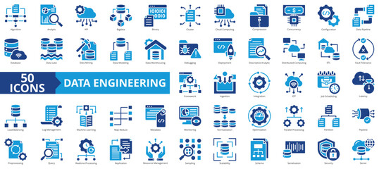 Data engineering icon collection set. Containing algorithm, analytic, api, big data, binary, cluster, cloud computing, and compression icon. Simple flat vector illustration.