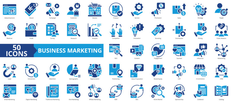 Business marketing icon collection set. Containing advertisement , brand, campaign, customer, market, product, service, promotion, and sales icon. Simple flat vector illustration.