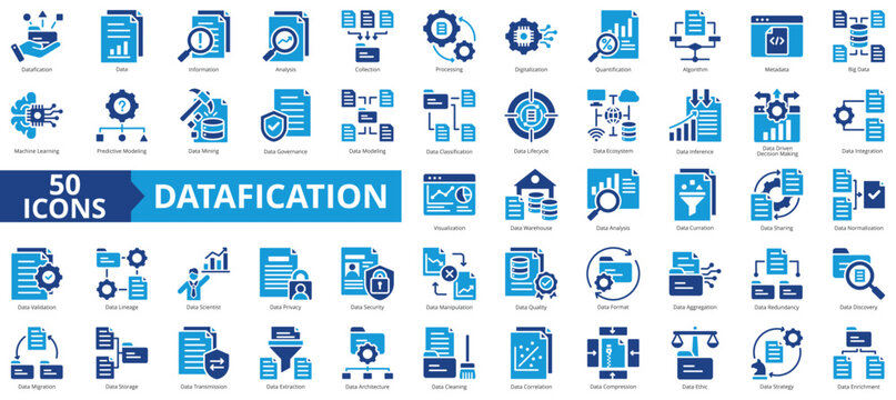 Datafication icon collection set. Containing information, analysis, data collection, processing, digitalization, and quantification icon. Simple flat vector illustration.