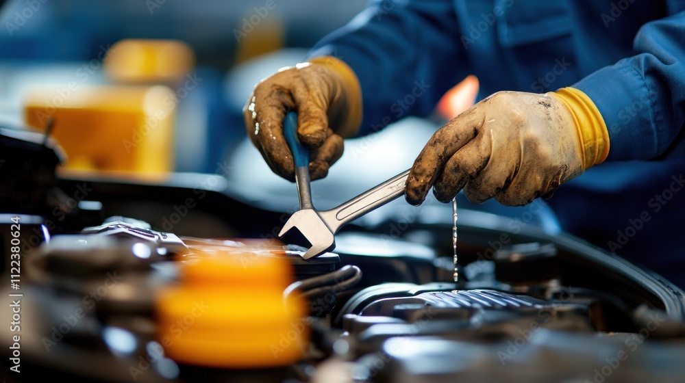 Poster mechanic's hands using wrenches on a car engine.