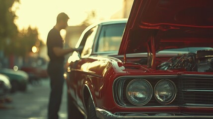 Man inspecting classic red car engine at sunset.