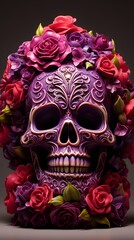 
Mystical Skull with Blooming Roses: Day of the Dead Elegance in a Vibrant, Candlelit Display.
