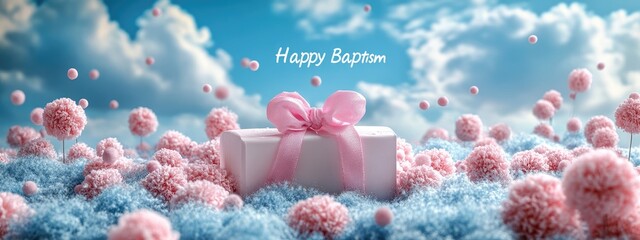Joyous greeting: Happy Baptism banner, sacred event with heartfelt wishes, blessings, essence of spiritual renewal and faith, marking significant milestone with warmth and love.