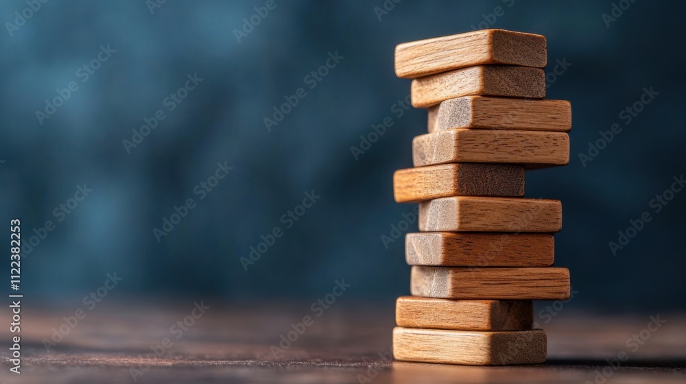 Poster stacked wooden blocks in a balanced formation on a wooden surface with a dark background highlightin