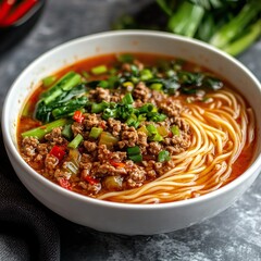 Traditional Dan dan noodle soup, blurred backdrop,close up, space for text