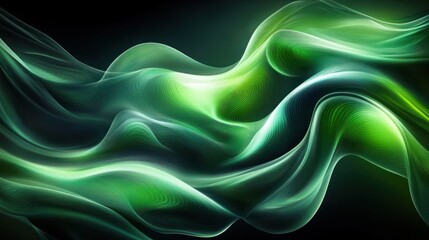 Abstract green wave, flowing, luminous, dynamic, elegant, dark background.