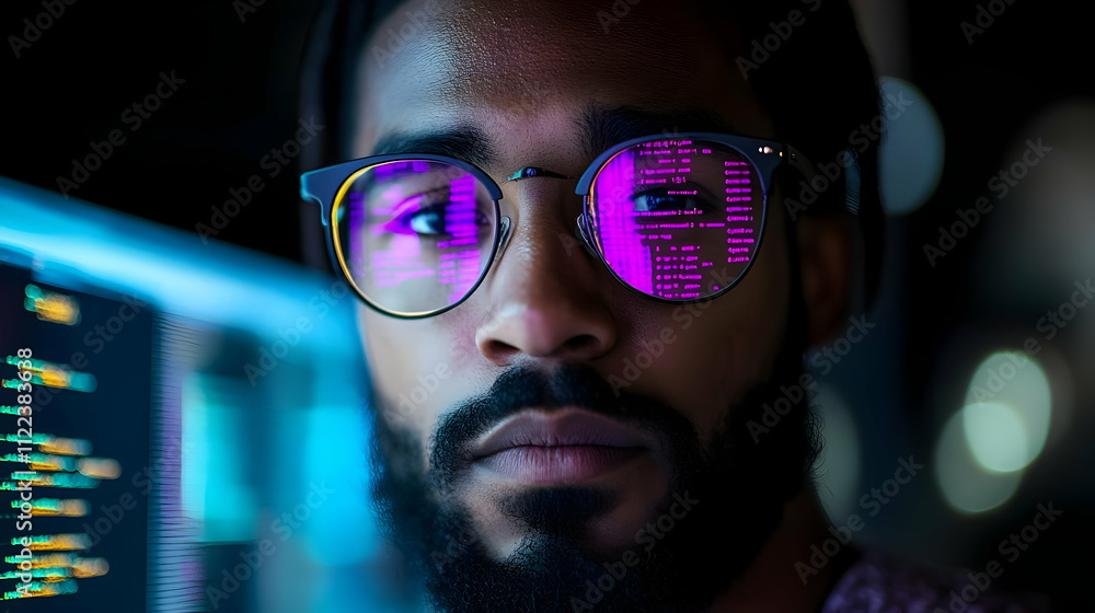 Poster programmer codes late night, reflecting on screen