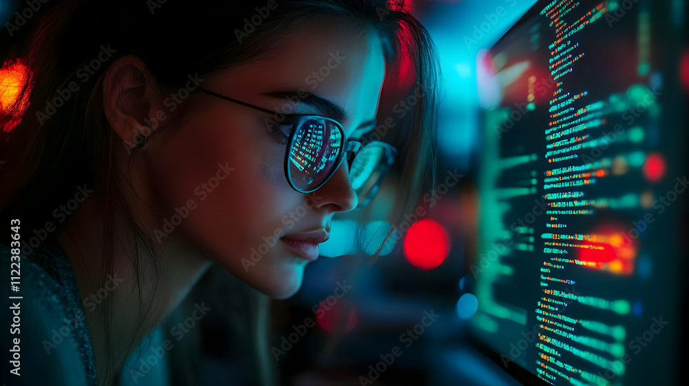 Poster woman codes late night, software development, debugging, problem solving