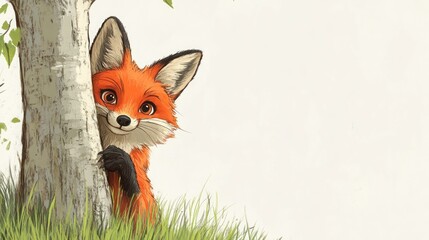 Fototapeta premium Playful red fox peeking from behind a birch tree in a grassy area.