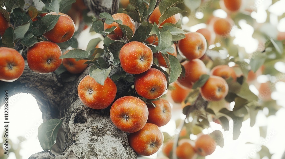 Poster ripe red apples hanging on a tree branch in an orchard.