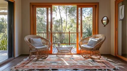 Sunlit room with wicker chairs, rug, and sliding glass doors to a balcony overlooking trees.