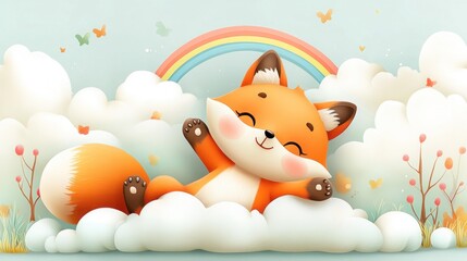 Happy fox relaxing on clouds with rainbow.