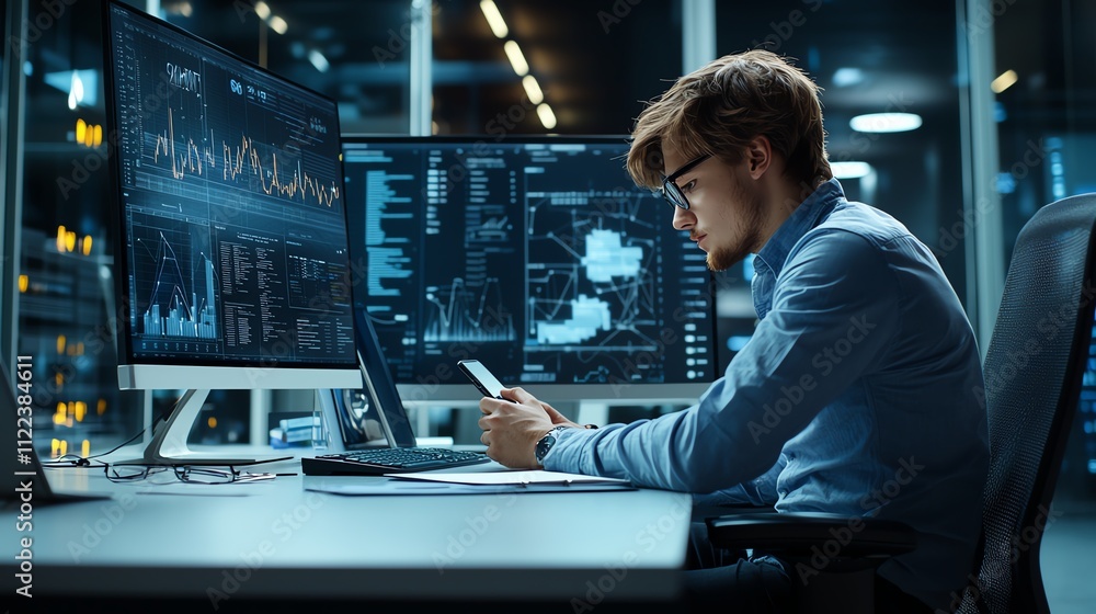 Poster a focused professional analyzing data on multiple screens in a modern tech office, demonstrating ded