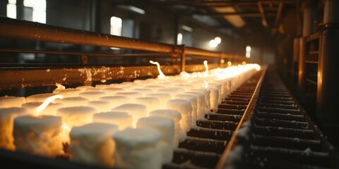 Fototapeta premium A close-up of a candle making factory production line, showcasing a row of newly-made white candles on a conveyor belt, illuminated by warm, flickering flames.