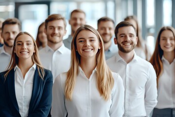 Obraz premium Group of professionals in a modern office setting, smiling and exuding confidence. They are dressed in business casual attire, standing together as a cohesive and motivated team.