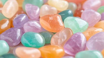 Close-up of tumbled pastel-colored gemstones.