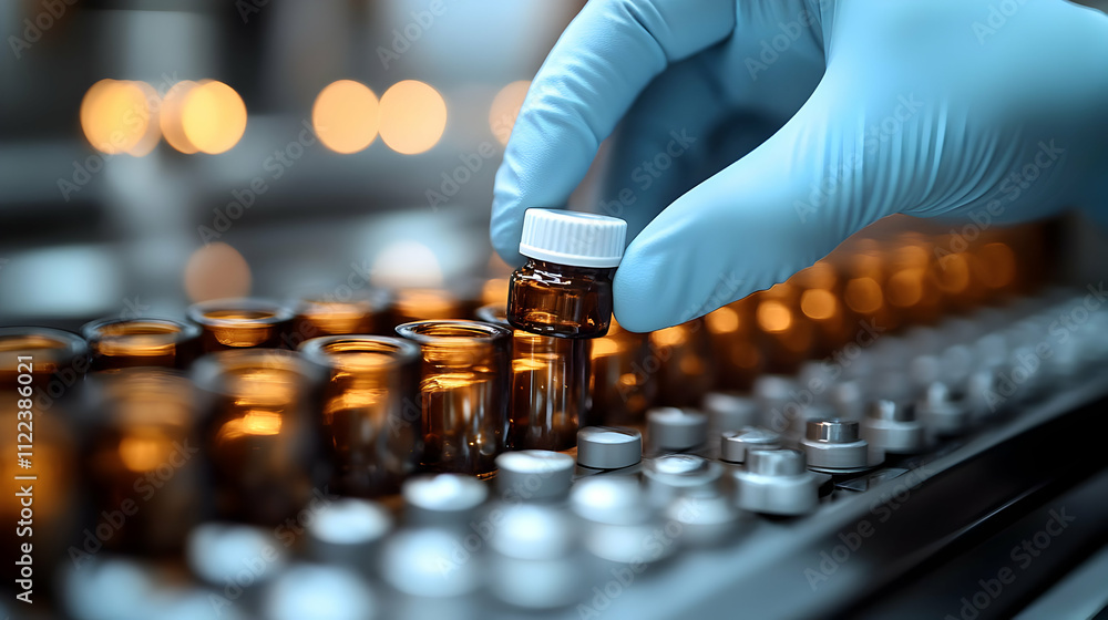 Poster gloved hand places vial into sample tray, precisely aligning it in automated system