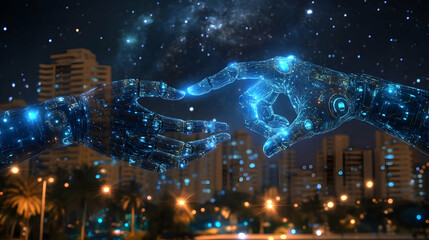 Fototapeta premium Robotic Hands Connect, Future Tech Cityscape at Night