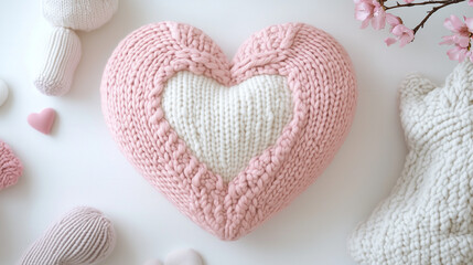 Fototapeta premium Top View of a Decorative Handmade Pillow with Heart Design in Soft Pastel Colors Cozy Home Decor Inspiration 