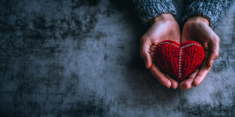 Red heart in hands on dark background. Love concept, emotional support for romantic relationship breakup, or for people who have lost their loved ones due to health issues.