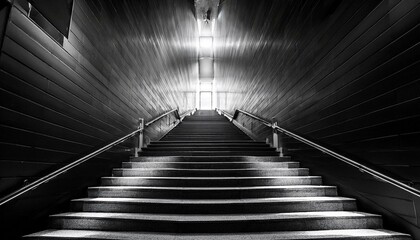 A minimalist black and white image of a staircase, illuminated by a single overhead light that creates dramatic shadows on the steps.