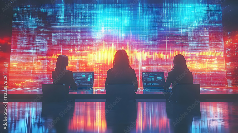 Poster cybersecurity team analyzes data streams efficiently at night