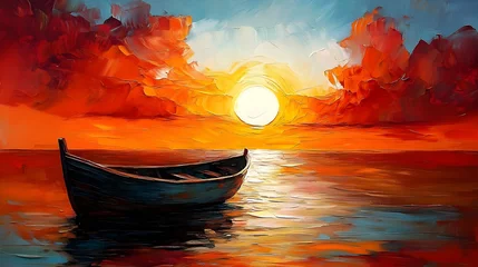 Gardinen Sunset Boat Scene: Serene Waters, Vibrant Colors, Tranquil Evening, Impasto Texture, Artistic Boat, Ocean View, Colorful Sky, Peaceful Sunset, Golden Hour, Landscape Painting © Siasart Studio