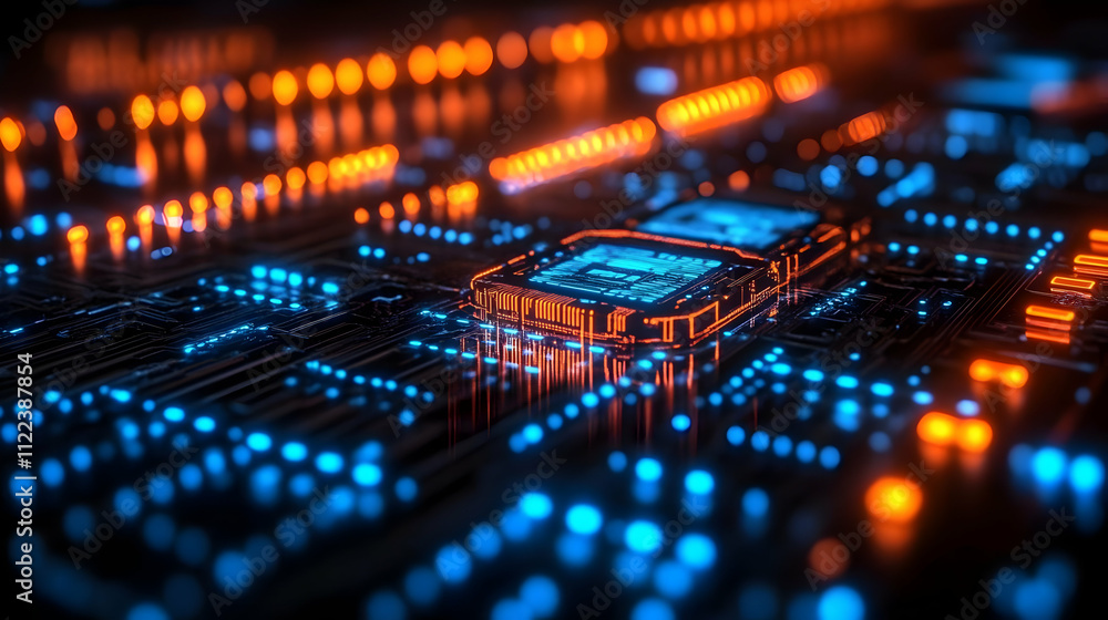 Poster exploring futuristic circuit boards: glowing tech