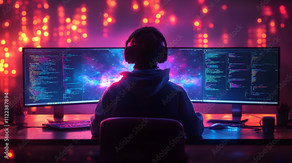 Poster programmer codes late night, dual monitors glow