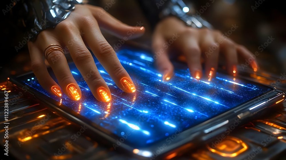 Aufkleber futuristic interface: fingers interact with glowing screen displaying data streams