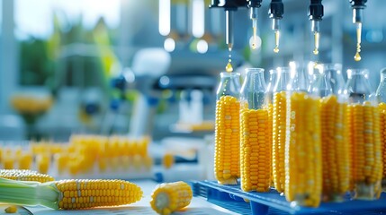 Corn on the cobs in the laboratory on blurred background