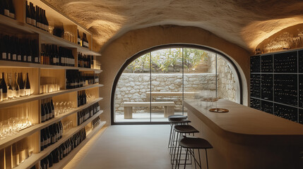 Fototapeta premium Wine Glass and Cellar Scene Captured with Minimalist Design, Restaurant Daylight Setting.