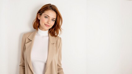 Obraz premium Elegant young woman with a gentle smile wearing a beige blazer and white turtleneck against a light background