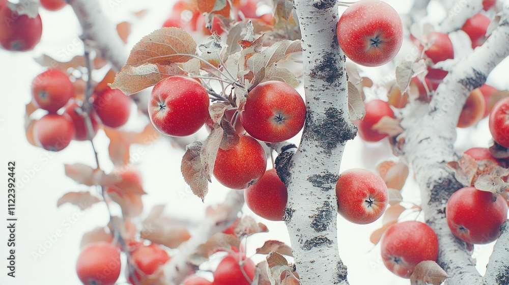 Poster close-up of ripe red apples on a tree branch in autumn.