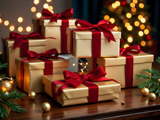 Obraz premium Charming display of gold wrapped gifts with red ribbons surrounded by holiday lights and greenery, photography of still life concept.