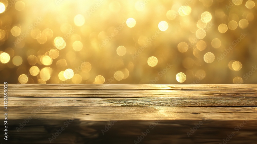 Poster golden bokeh background with wood table top for product display