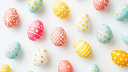 Fototapeta premium Colorful decorated eggs arranged on a white surface for spring celebration activities
