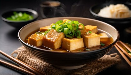 A close-up of agedashi tofu, with crispy tofu pieces submerged in savory broth, beautifully lit with studio lighting to highlight the textures.